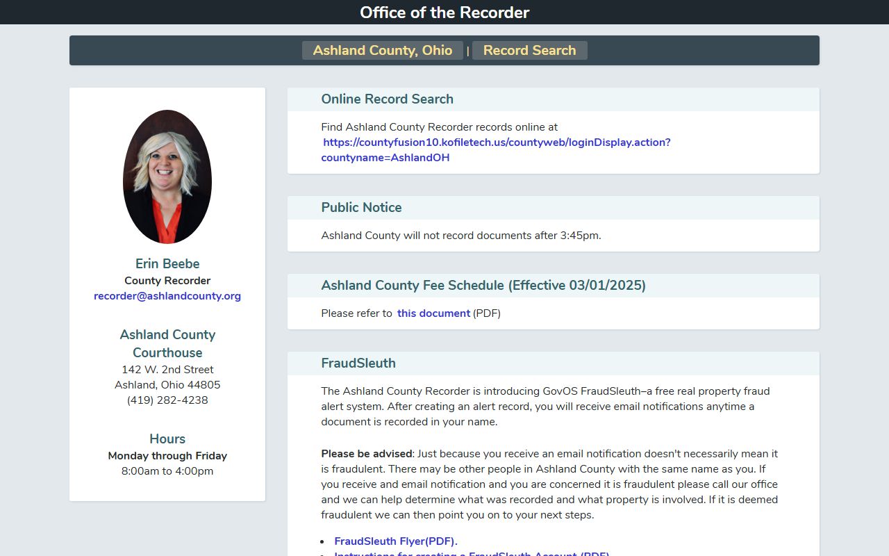 Ashland County Recorder website for deed records