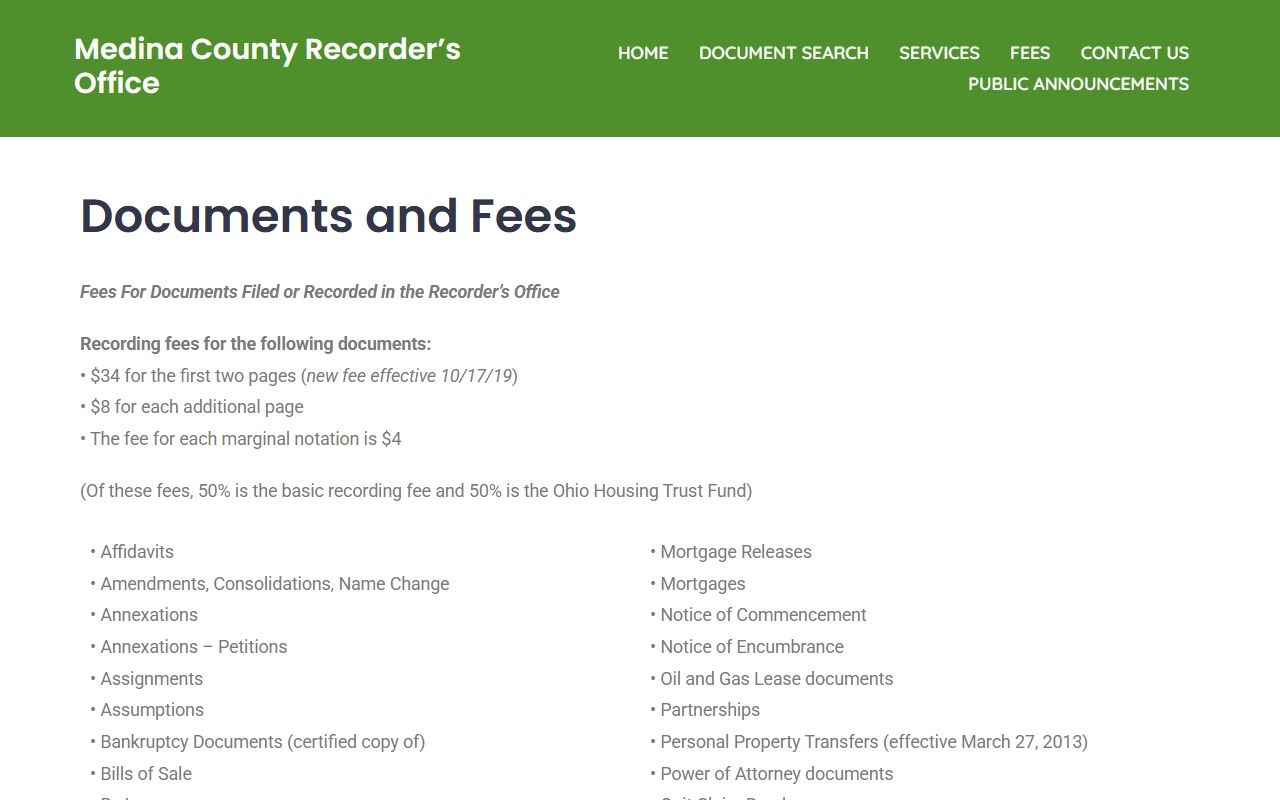 Medina County Recorder fee schedule for deed records