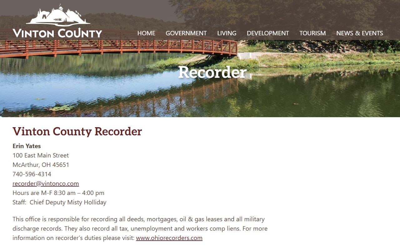 Vinton County Recorder office website for deed records