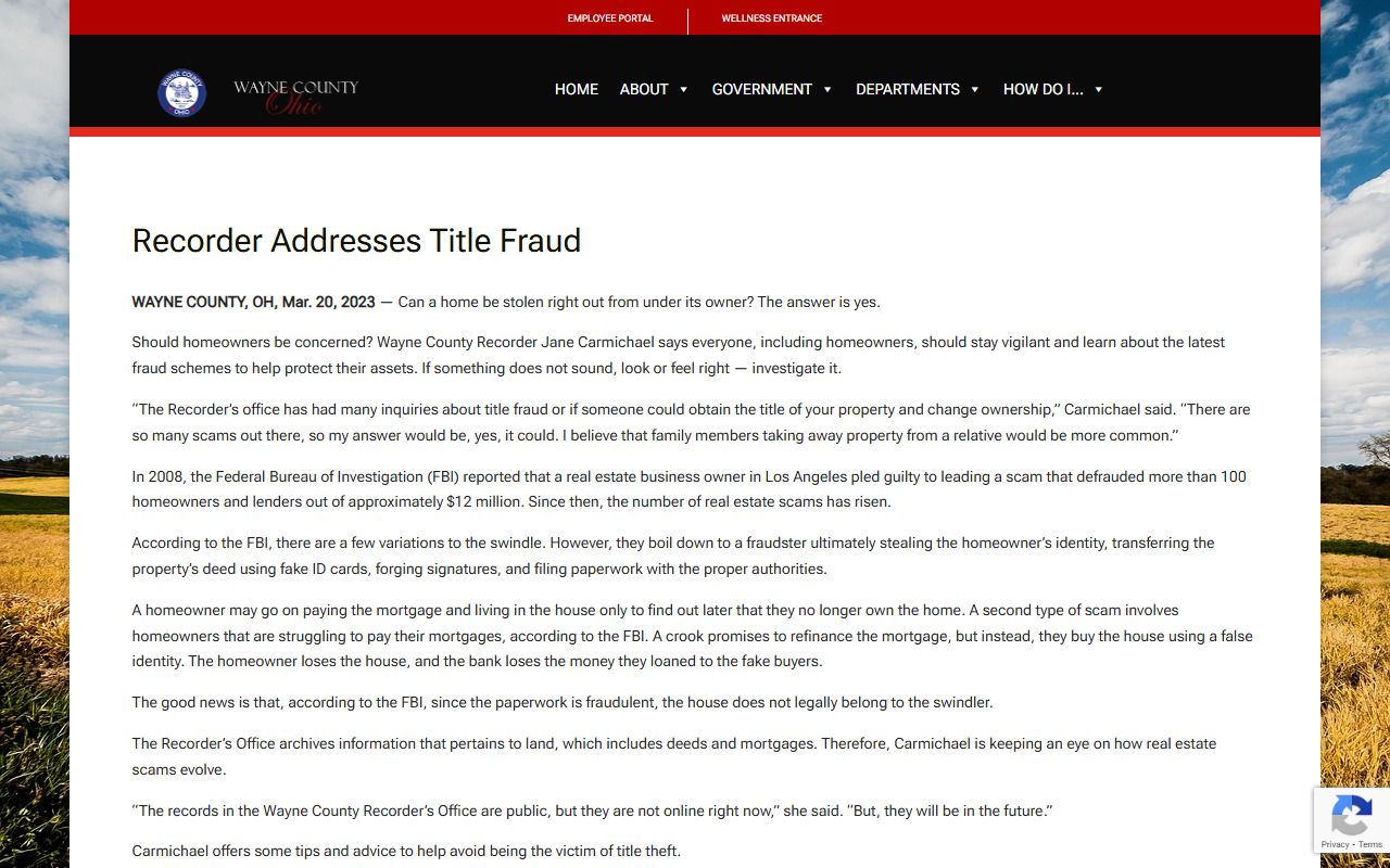 Wayne County Recorder website addressing title fraud and deed records